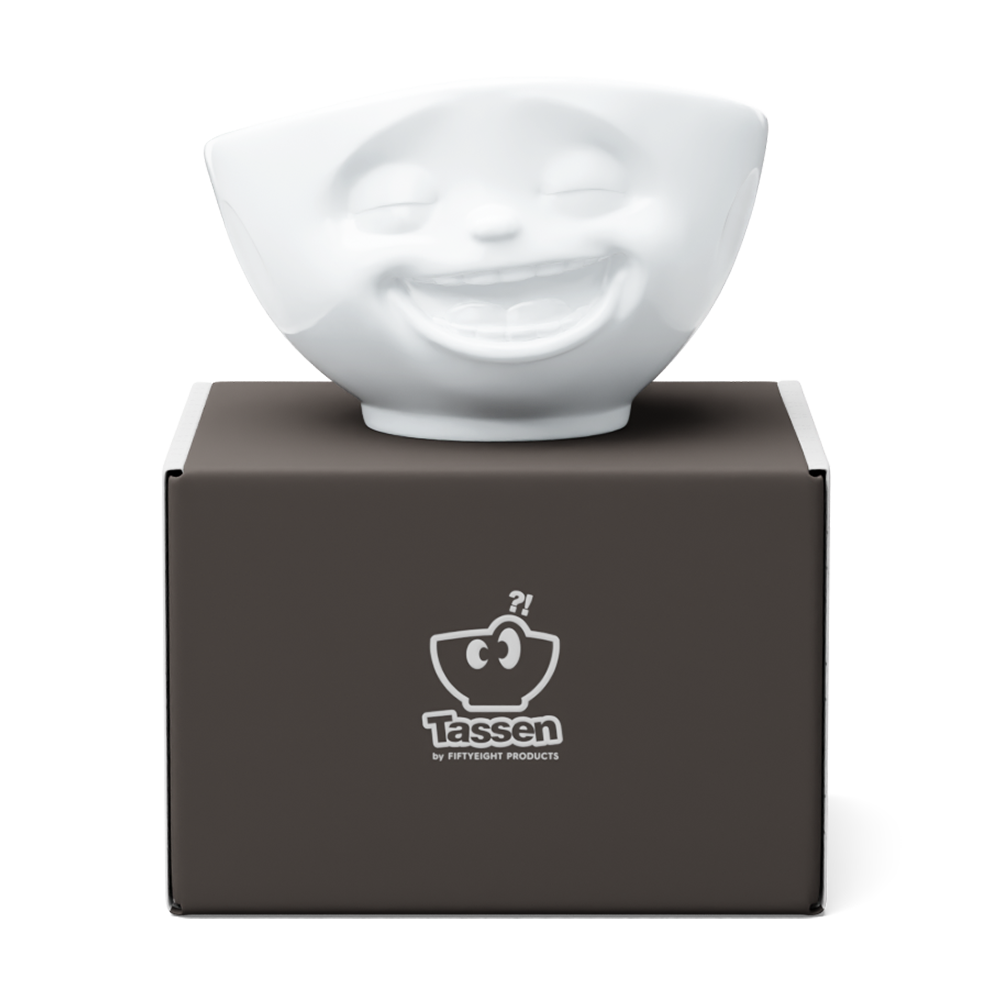 Premium extra large porcelain bowl in white from the porcelain product family of fun dishware by FIFTYEIGHT Products. Offers 33 oz capacity perfect for serving noodle soup, salads and much more. Dishwasher and microwave safe bowl featuring a sculpted ‘laughing’ facial expression. Shipped in exclusively designed gift box.