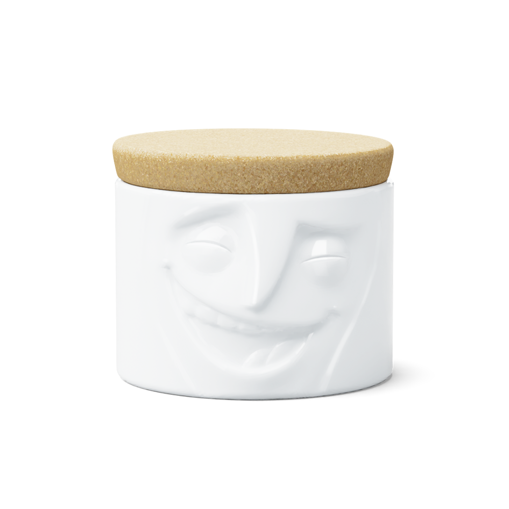 Quality porcelain storage jar with 30 oz. capacity and a 'cheerful' facial expression. Closes securely with a natural cork lid. Dishwasher and microwave-safe (except for cork lid).From the porcelain product family of fun dishware by FIFTYEIGHT Products. Made in Germany according to environmental standards.standards.
