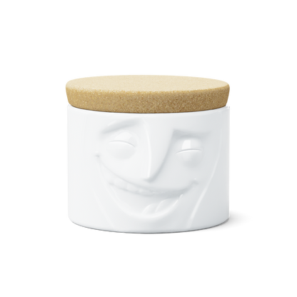 Quality porcelain storage jar with 30 oz. capacity and a 'cheerful' facial expression. Closes securely with a natural cork lid. Dishwasher and microwave-safe (except for cork lid).From the porcelain product family of fun dishware by FIFTYEIGHT Products. Made in Germany according to environmental standards.standards.