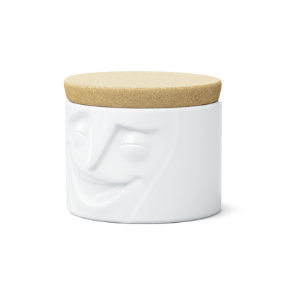 Quality porcelain storage jar with 30 oz. capacity and a 'cheerful' facial expression. Closes securely with a natural cork lid. Dishwasher and microwave-safe (except for cork lid).From the porcelain product family of fun dishware by FIFTYEIGHT Products. Made in Germany according to environmental standards.standards.