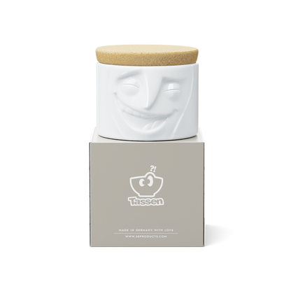 Quality porcelain storage jar with 30 oz. capacity and a 'cheerful' facial expression. Closes securely with a natural cork lid. Dishwasher and microwave-safe (except for cork lid).From the porcelain product family of fun dishware by FIFTYEIGHT Products. Made in Germany according to environmental standards.standards.