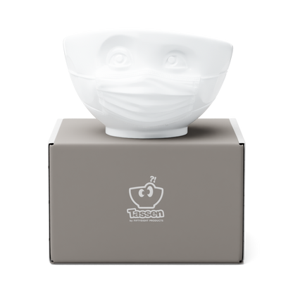 Premium porcelain bowl in white from the porcelain product family of fun dishware by FIFTYEIGHT Products. Offers 16 oz capacity perfect for serving cereal, soup, snacks and much more. Dishwasher and microwave safe bowl featuring a sculpted ‘hopeful’ facial expression and mask. Shipped in exclusively designed gift box.