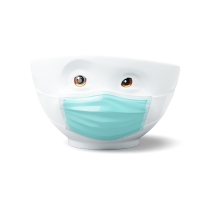 Premium porcelain bowl with colorful accents from porcelain product family of fun dishware by FIFTYEIGHT Products. Offers 16 oz capacity perfect for serving cereal, soup, snacks and much more. Dishwasher and microwave safe bowl featuring a ‘hopeful’ facial expression and colorful eyes and blue mask. Shipped in gift box.