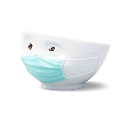 Premium porcelain bowl with colorful accents from porcelain product family of fun dishware by FIFTYEIGHT Products. Offers 16 oz capacity perfect for serving cereal, soup, snacks and much more. Dishwasher and microwave safe bowl featuring a ‘hopeful’ facial expression and colorful eyes and blue mask. Shipped in gift box.