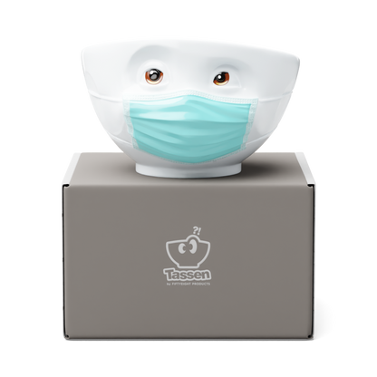 Premium porcelain bowl with colorful accents from porcelain product family of fun dishware by FIFTYEIGHT Products. Offers 16 oz capacity perfect for serving cereal, soup, snacks and much more. Dishwasher and microwave safe bowl featuring a ‘hopeful’ facial expression and colorful eyes and blue mask. Shipped in gift box.