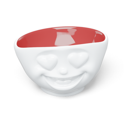 FIFTYEIGHT Products HEARTFUL Bowl with Ruby Interior, 500ml porcelain serving bowl featuring heart eyes emoji design. White exterior with rich ruby-red interior finish. Limited Special Edition, Made in Germany, dishwasher-safe.