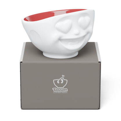 FIFTYEIGHT Products HEARTFUL Bowl with Ruby Interior, 500ml porcelain serving bowl featuring heart eyes emoji design. White exterior with rich ruby-red interior finish. Limited Special Edition, Made in Germany, dishwasher-safe.