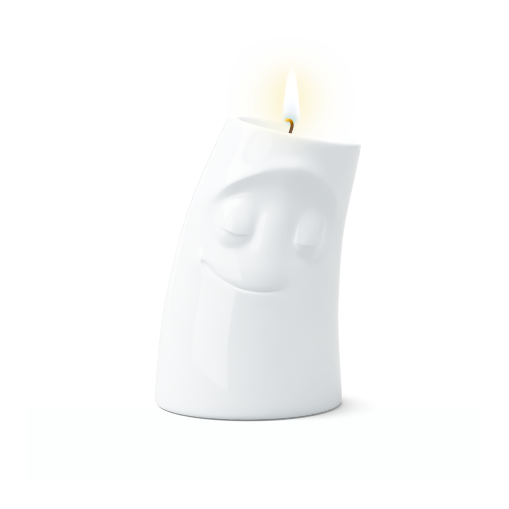 Exclusive designer candle holder with CUDDLY facial expression. Stands at 4.4 inches tall on a footed base and fits a tea light or LED light. From the TASSEN product family of fun dishware by FIFTYEIGHT Products. Made in Germany according to environmental standards.