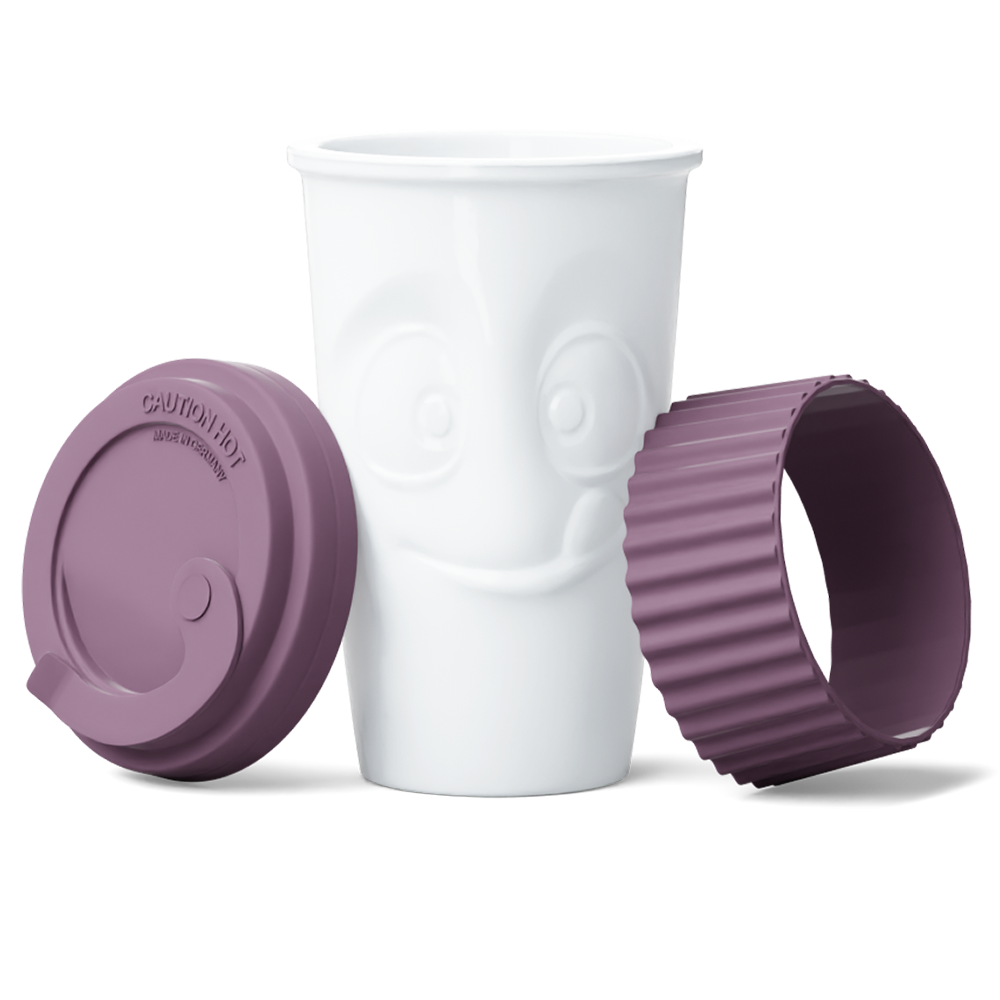 Premium porcelain coffee mug with a heat-retaining lid and protective sleeve and no handle from the porcelain product family of fun dishware by FIFTYEIGHT Products. Offers 13.5 oz capacity for enjoying coffee, tea, latte, matcha, and more on the go. Shipped in exclusively designed gift box.