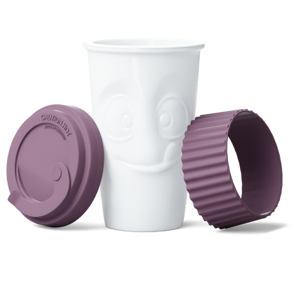 Premium porcelain coffee mug with a heat-retaining lid and protective sleeve and no handle from the porcelain product family of fun dishware by FIFTYEIGHT Products. Offers 13.5 oz capacity for enjoying coffee, tea, latte, matcha, and more on the go. Shipped in exclusively designed gift box.