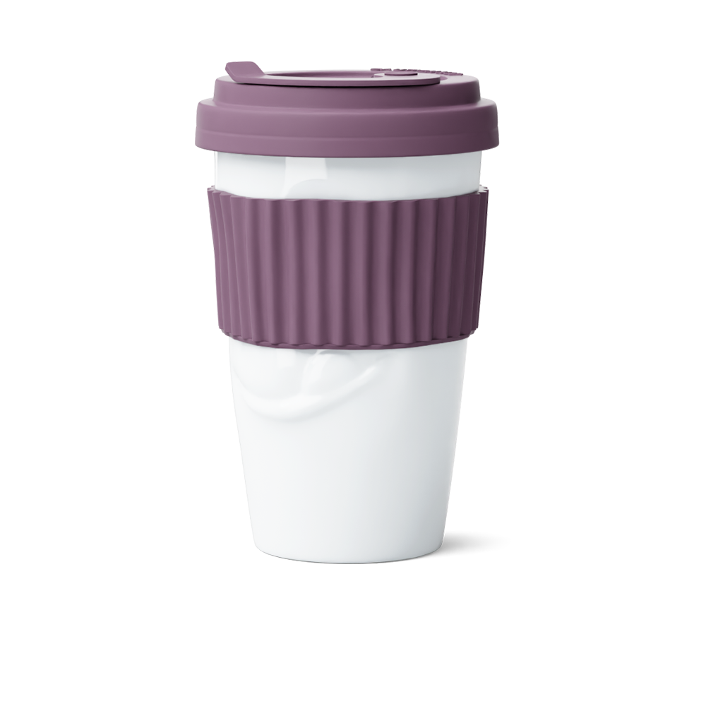 Premium porcelain coffee mug with a heat-retaining lid and protective sleeve and no handle from the porcelain product family of fun dishware by FIFTYEIGHT Products. Offers 13.5 oz capacity for enjoying coffee, tea, latte, matcha, and more on the go. Shipped in exclusively designed gift box.