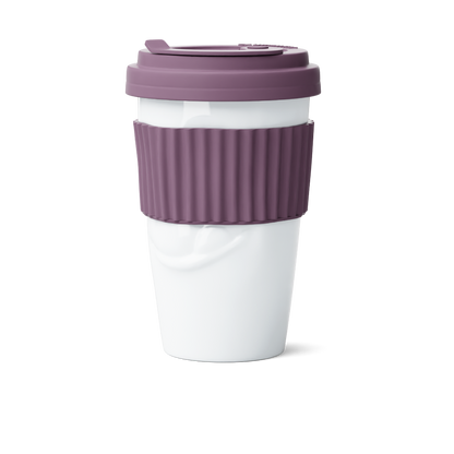 Premium porcelain coffee mug with a heat-retaining lid and protective sleeve and no handle from the porcelain product family of fun dishware by FIFTYEIGHT Products. Offers 13.5 oz capacity for enjoying coffee, tea, latte, matcha, and more on the go. Shipped in exclusively designed gift box.