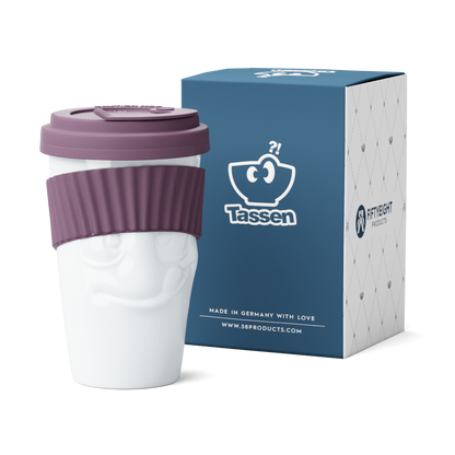 Premium porcelain coffee mug with a heat-retaining lid and protective sleeve and no handle from the porcelain product family of fun dishware by FIFTYEIGHT Products. Offers 13.5 oz capacity for enjoying coffee, tea, latte, matcha, and more on the go. Shipped in exclusively designed gift box.