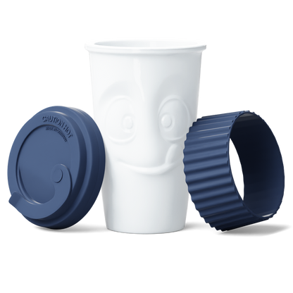 Premium porcelain coffee mug with a heat-retaining lid and protective sleeve and no handle from the porcelain product family of fun dishware by FIFTYEIGHT Products. Offers 13.5 oz capacity for enjoying coffee, tea, latte, matcha, and more on the go. Shipped in exclusively designed gift box.