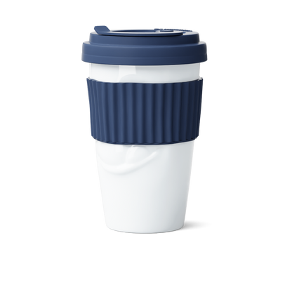 Premium porcelain coffee mug with a heat-retaining lid and protective sleeve and no handle from the porcelain product family of fun dishware by FIFTYEIGHT Products. Offers 13.5 oz capacity for enjoying coffee, tea, latte, matcha, and more on the go. Shipped in exclusively designed gift box.