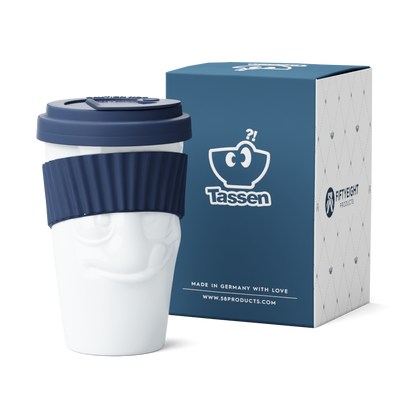 Premium porcelain coffee mug with a heat-retaining lid and protective sleeve and no handle from the porcelain product family of fun dishware by FIFTYEIGHT Products. Offers 13.5 oz capacity for enjoying coffee, tea, latte, matcha, and more on the go. Shipped in exclusively designed gift box.