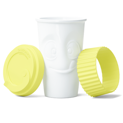 Premium porcelain coffee mug with a heat-retaining lid and protective sleeve and no handle from the porcelain product family of fun dishware by FIFTYEIGHT Products. Offers 13.5 oz capacity for enjoying coffee, tea, latte, matcha, and more on the go. Shipped in exclusively designed gift box.