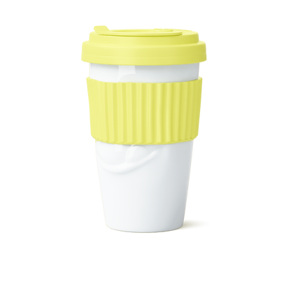 Premium porcelain coffee mug with a heat-retaining lid and protective sleeve and no handle from the porcelain product family of fun dishware by FIFTYEIGHT Products. Offers 13.5 oz capacity for enjoying coffee, tea, latte, matcha, and more on the go. Shipped in exclusively designed gift box.