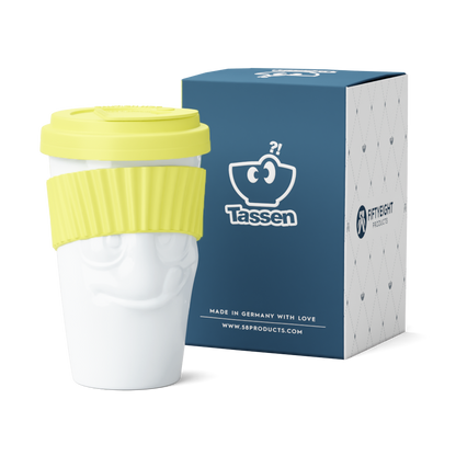 Premium porcelain coffee mug with a heat-retaining lid and protective sleeve and no handle from the porcelain product family of fun dishware by FIFTYEIGHT Products. Offers 13.5 oz capacity for enjoying coffee, tea, latte, matcha, and more on the go. Shipped in exclusively designed gift box.