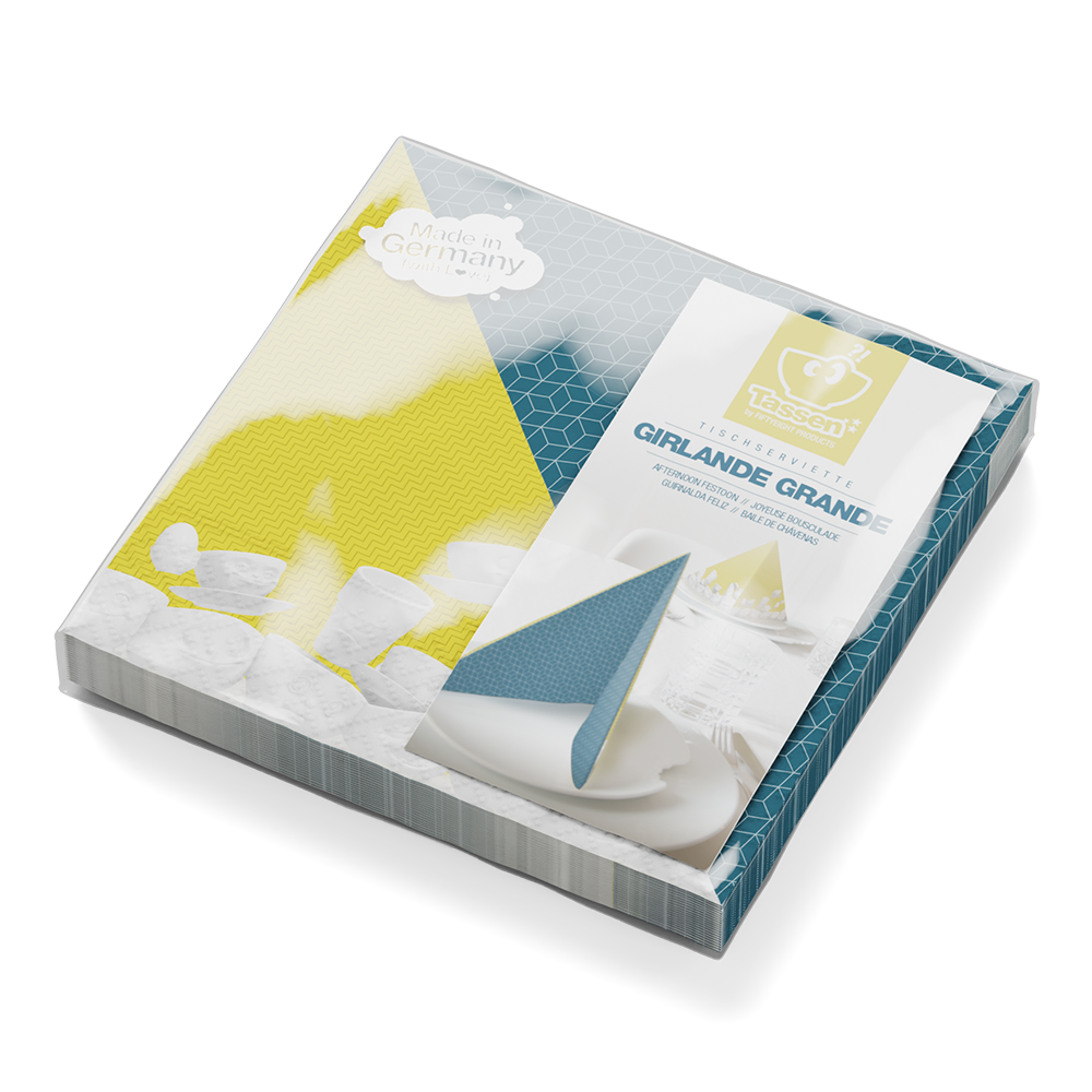 Pack of 20 disposable paper napkins in transparent packaging. Colorful paper napkins featuring zany character artwork in "Afternoon Festoon" design. 12 by 12 inches in size and Made in Germany according to environmental standards.