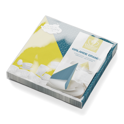 Pack of 20 disposable paper napkins in transparent packaging. Colorful paper napkins featuring zany character artwork in "Afternoon Festoon" design. 12 by 12 inches in size and Made in Germany according to environmental standards.