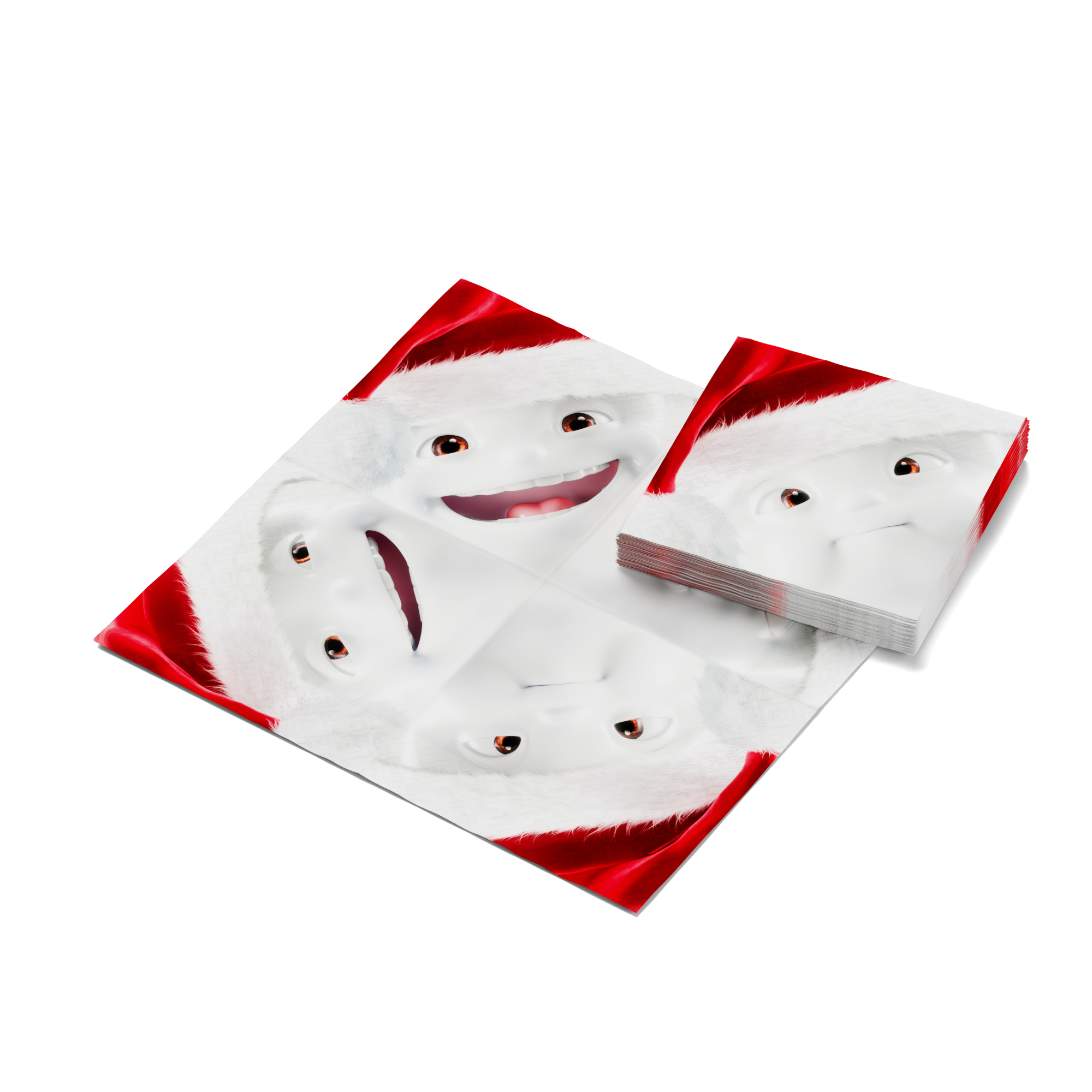 Pack of 20 disposable paper napkins in transparent packaging. Colorful paper napkins featuring zany TASSEN artwork in "Scarlet Christmas" design. 12 by 12 inches in size and Made in Germany according to environmental standards.