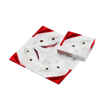 Pack of 20 disposable paper napkins in transparent packaging. Colorful paper napkins featuring zany TASSEN artwork in "Scarlet Christmas" design. 12 by 12 inches in size and Made in Germany according to environmental standards.