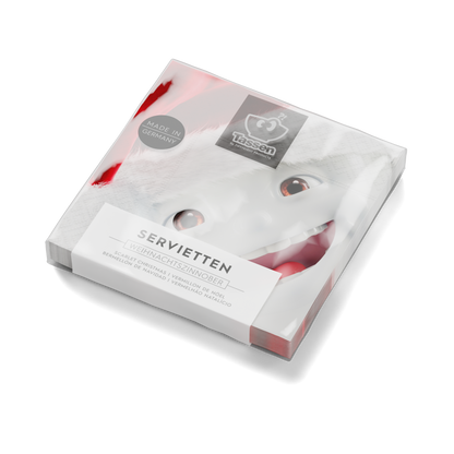 Pack of 20 disposable paper napkins in transparent packaging. Colorful paper napkins featuring zany TASSEN artwork in "Scarlet Christmas" design. 12 by 12 inches in size and Made in Germany according to environmental standards.