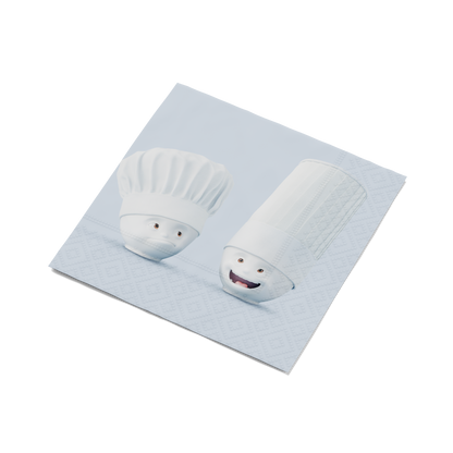 Pack of 20 disposable paper napkins in transparent packaging. Colorful paper napkins featuring zany TASSEN artwork in "Chef" design. 12 by 12 inches in size and Made in Germany according to environmental standards.