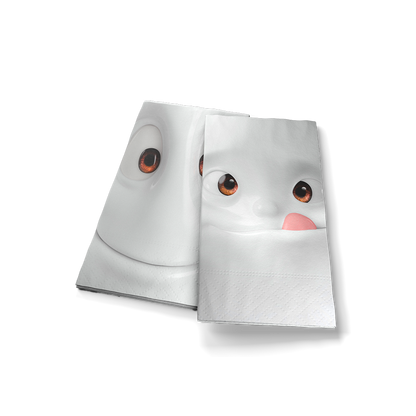 Pack of 16 disposable paper napkins in transparent packaging. Colorful paper napkins featuring zany character artwork in "Face Pastrami" design. 12 by 12 inches in size and Made in Germany according to environmental standards.