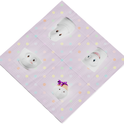 Pack of 20 disposable paper napkins in transparent packaging. Colorful paper napkins featuring zany character artwork in "Kid’s B-Day Party" design in lilac. 9.6 by 9.6 inches in size and Made in Germany according to environmental standards.