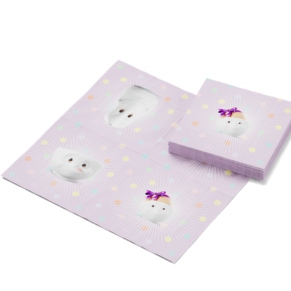 Pack of 20 disposable paper napkins in transparent packaging. Colorful paper napkins featuring zany character artwork in "Kid’s B-Day Party" design in lilac. 9.6 by 9.6 inches in size and Made in Germany according to environmental standards.