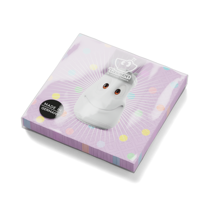 Pack of 20 disposable paper napkins in transparent packaging. Colorful paper napkins featuring zany character artwork in "Kid’s B-Day Party" design in lilac. 9.6 by 9.6 inches in size and Made in Germany according to environmental standards.