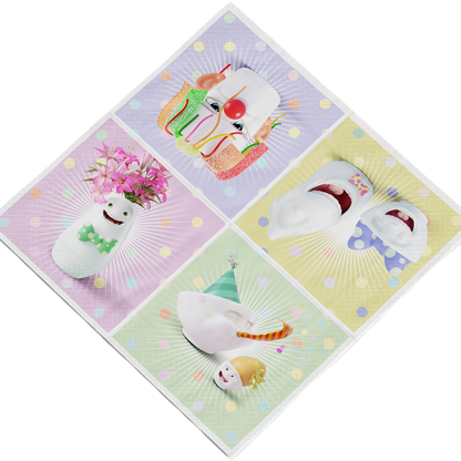 Pack of 20 disposable paper napkins in transparent packaging. Colorful paper napkins featuring zany character artwork in "Happy Happy" design. 9.6 by 9.6 inches in size and Made in Germany according to environmental standards.