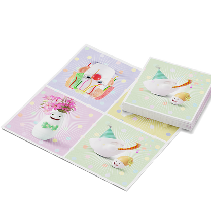 Pack of 20 disposable paper napkins in transparent packaging. Colorful paper napkins featuring zany character artwork in "Happy Happy" design. 9.6 by 9.6 inches in size and Made in Germany according to environmental standards.