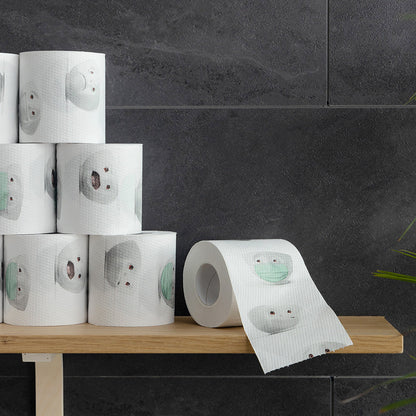 Roll of toilet paper with printed character design. Package diameter 4.3 inch, Height 4.1 inches, Weight 0.28 lbs. Single roll of soft toilet paper ships in a transparent gift box. Made in Germany according to environmental standards.