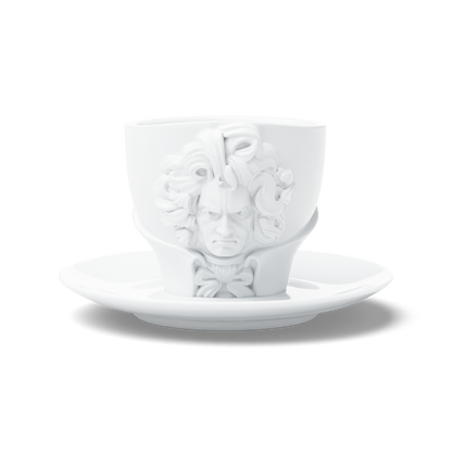 Premium porcelain coffee cup with saucer in white with sculpted Ludwig van Beethoven face. Dishwasher and microwave safe cup at 8.7 oz capacity. From the TALENT product family of cups dedicated to creative geniuses by FIFTYEIGHT Products. Made in Germany according to environmental standards.