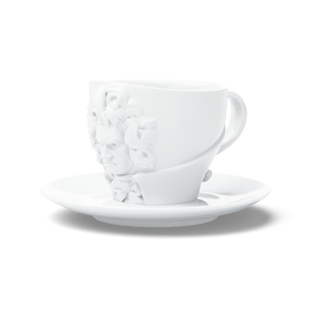 Premium porcelain coffee cup with saucer in white with sculpted Ludwig van Beethoven face. Dishwasher and microwave safe cup at 8.7 oz capacity. From the TALENT product family of cups dedicated to creative geniuses by FIFTYEIGHT Products. Made in Germany according to environmental standards.
