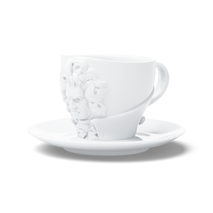 Premium porcelain coffee cup with saucer in white with sculpted Ludwig van Beethoven face. Dishwasher and microwave safe cup at 8.7 oz capacity. From the TALENT product family of cups dedicated to creative geniuses by FIFTYEIGHT Products. Made in Germany according to environmental standards.