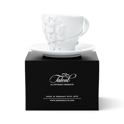 Premium porcelain coffee cup with saucer in white with sculpted Ludwig van Beethoven face. Dishwasher and microwave safe cup at 8.7 oz capacity. From the TALENT product family of cups dedicated to creative geniuses by FIFTYEIGHT Products. Made in Germany according to environmental standards.