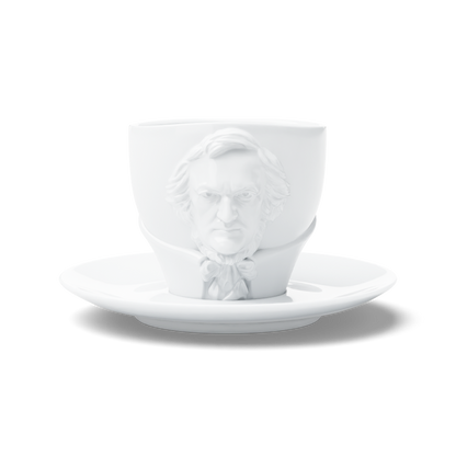 Premium porcelain coffee cup with saucer in white with sculpted Richard Wagner face. Dishwasher and microwave safe cup at 8.7 oz capacity. From the TALENT product family of cups dedicated to creative geniuses by FIFTYEIGHT Products. Made in Germany according to environmental standards.