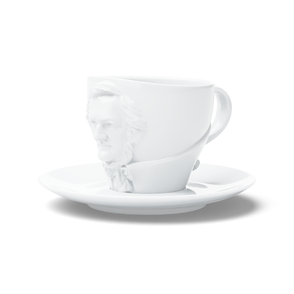 Premium porcelain coffee cup with saucer in white with sculpted Richard Wagner face. Dishwasher and microwave safe cup at 8.7 oz capacity. From the TALENT product family of cups dedicated to creative geniuses by FIFTYEIGHT Products. Made in Germany according to environmental standards.