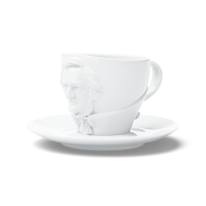 Premium porcelain coffee cup with saucer in white with sculpted Richard Wagner face. Dishwasher and microwave safe cup at 8.7 oz capacity. From the TALENT product family of cups dedicated to creative geniuses by FIFTYEIGHT Products. Made in Germany according to environmental standards.