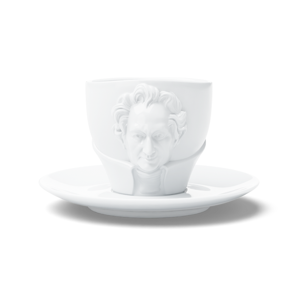 Premium porcelain coffee cup with saucer in white with sculpted Johann Wolfgang von Goethe face. Dishwasher and microwave safe cup at 8.7 oz capacity. From the TALENT product family of cups dedicated to creative geniuses by FIFTYEIGHT Products. Made in Germany according to environmental standards.