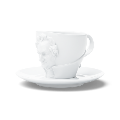 Premium porcelain coffee cup with saucer in white with sculpted Johann Wolfgang von Goethe face. Dishwasher and microwave safe cup at 8.7 oz capacity. From the TALENT product family of cups dedicated to creative geniuses by FIFTYEIGHT Products. Made in Germany according to environmental standards.