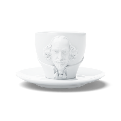 Premium porcelain coffee cup with saucer in white with sculpted William Shakespeare face. Dishwasher and microwave safe cup at 8.7 oz capacity. From the TALENT product family of cups dedicated to creative geniuses by FIFTYEIGHT Products. Made in Germany according to environmental standards.