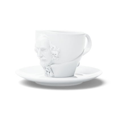 Premium porcelain coffee cup with saucer in white with sculpted William Shakespeare face. Dishwasher and microwave safe cup at 8.7 oz capacity. From the TALENT product family of cups dedicated to creative geniuses by FIFTYEIGHT Products. Made in Germany according to environmental standards.