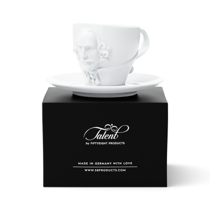 Premium porcelain coffee cup with saucer in white with sculpted William Shakespeare face. Dishwasher and microwave safe cup at 8.7 oz capacity. From the TALENT product family of cups dedicated to creative geniuses by FIFTYEIGHT Products. Made in Germany according to environmental standards.