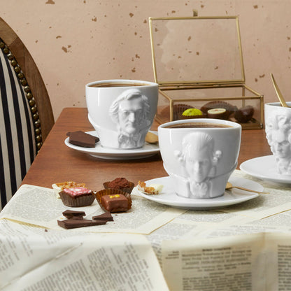 Premium porcelain coffee cup with saucer in white with sculpted Richard Wagner face. Dishwasher and microwave safe cup at 8.7 oz capacity. From the TALENT product family of cups dedicated to creative geniuses by FIFTYEIGHT Products. Made in Germany according to environmental standards.
